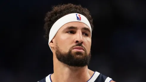 Klay Thompson #31 of the Dallas Mavericks looks on while playing the San Antonio Spurs during the third quarter at American Airlines Center on October 24, 2024 in Dallas, Texas.
