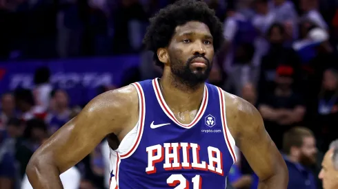 Joel Embiid #21 of the Philadelphia 76ers reacts after his team's 118-115 loss against the New York Knicks in game six of the Eastern Conference First Round Playoffs at the Wells Fargo Center on May 02, 2024 in Philadelphia, Pennsylvania.
