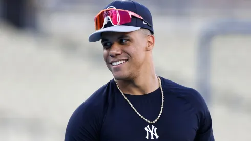 Juan Soto #22 of the New York Yankees reacts during batting practice on workout day ahead of Game 1 of the 2024 World Series at Dodger Stadium on October 24, 2024 in Los Angeles, California. 
