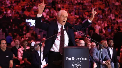 Pat Riley speaks during a ceremony celebrating his court dedication at Kaseya Center on October 23, 2024 in Miami, Florida.
