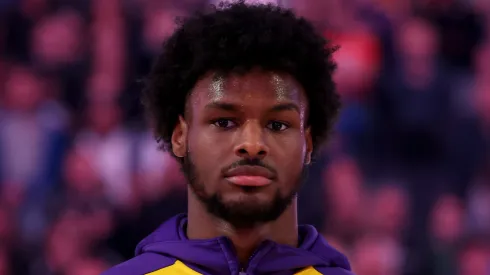 Bronny James #9 of the Los Angeles Lakers stands for the national anthem before their preseason game against the Golden State Warriors at Chase Center on October 18, 2024 in San Francisco, California. 
