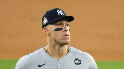 Aaron Judge #99 of the New York Yankees looks on in the fourth inning against the Los Angeles Dodgers during Game One of the 2024 World Series at Dodger Stadium on October 25, 2024 in Los Angeles, California.
