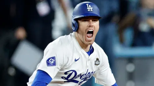 Freddie Freeman #5 of the Los Angeles Dodgers celebrates after hitting a walk-off grand slam during the tenth inning against the New York Yankees during Game One of the 2024 World Series at Dodger Stadium on October 25, 2024 in Los Angeles, California.
