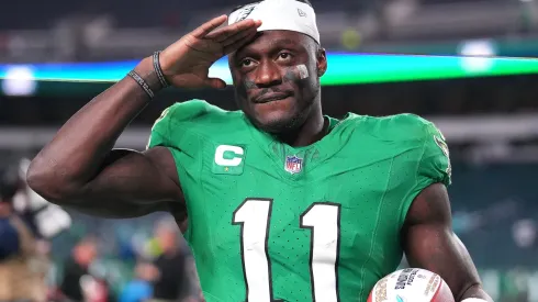 A.J. Brown #11 of the Philadelphia Eagles runs off the field after defeating the Miami Dolphins 31-17 in a game at Lincoln Financial Field on October 22, 2023 in Philadelphia, Pennsylvania.
