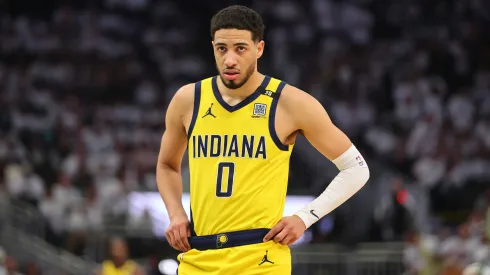 Tyrese Haliburton #0 of the Indiana Pacers walks backcourt during game two of the Eastern Conference First Round Playoffs against the Milwaukee Bucks
