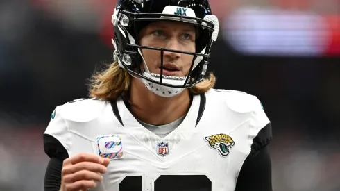 Trevor Lawrence #16 of the Jacksonville Jaguars warms up prior to a game against the Houston Texans at NRG Stadium on September 29, 2024 in Houston, Texas.
