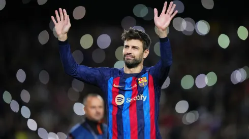 Gerard Pique of FC Barcelona waves to fans as they take part in a lap of honour after the LaLiga Santander match between FC Barcelona and UD Almeria
