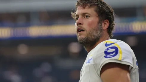 Matthew Stafford #9 of the Los Angeles Rams before a game against the Minnesota Vikings at SoFi Stadium on October 24, 2024 in Inglewood, California.