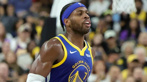 Buddy Hield #7 of the Golden State Warriors brings the ball up the court against the Los Angeles Lakers in the first quarter of their preseason game at T-Mobile Arena at T-Mobile Arena on October 15, 2024 in Las Vegas, Nevada. The Warriors defeated the Lakers 111-97.
