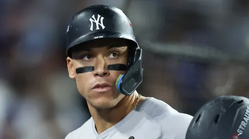 Aaron Judge #99 of the New York Yankees reacts after striking out against the Los Angeles Dodgers in the ninth inning during Game Two of the 2024 World Series at Dodger Stadium on October 26, 2024 in Los Angeles, California.
