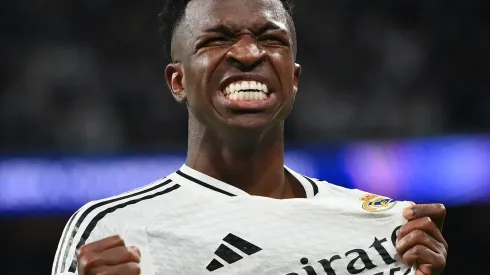 Vinicius Junior of Real Madrid celebrates scoring his team's fifth goal during the UEFA Champions League 2024/25 League Phase MD3 match between Real Madrid C.F. and Borussia Dortmund at Estadio Santiago Bernabeu on October 22, 2024 in Madrid, Spain.
