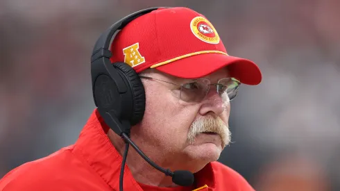 Head coach Andy Reid of the Kansas City Chiefs looks on in the first quarter of a game against the Las Vegas Raiders at Allegiant Stadium on October 27, 2024 in Las Vegas, Nevada.
