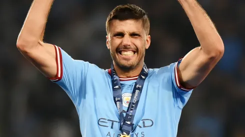 Rodri of Manchester City celebrates while wearing his winners medal after the team's victory in the UEFA Champions League 2022/23