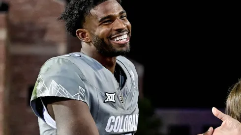 Shedeur Sanders #2 of the Colorado Buffaloes greets fans after a win in a game against the Cincinnati Bearcats at Folsom Field on October 26, 2024 in Boulder, Colorado.
