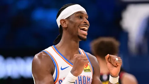 Shai Gilgeous-Alexander #2 of the Oklahoma City Thunder celebrates a made basket during the second half against the Atlanta Hawks at Paycom Center on October 27, 2024 in Oklahoma City, Oklahoma.
