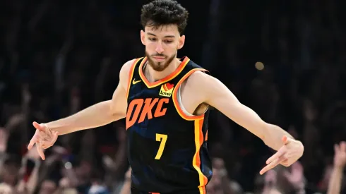 Chet Holmgren #7 of the Oklahoma City Thunder celebrates a three-point basket against the Dallas Mavericks
