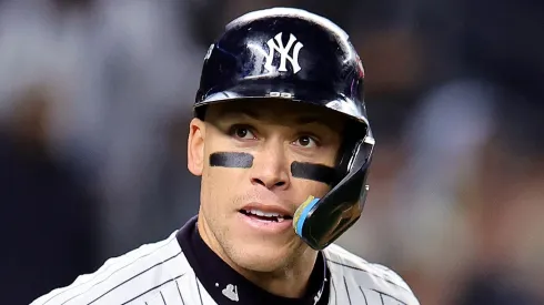 Aaron Judge #99 of the New York Yankees reacts after being walked in the eighth inning against the Los Angeles Dodgers during Game Three of the 2024 World Series at Yankee Stadium on October 28, 2024 in the Bronx borough of New York City.
