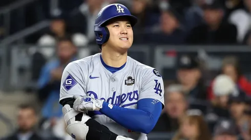 Shohei Ohtani #17 of the Los Angeles Dodgers reacts while at bat against the New York Yankees in the fourth inning during Game Three of the 2024 World Series at Yankee Stadium on October 28, 2024 in the Bronx borough of New York City. 
