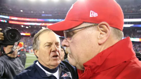 Bill Belichick and head coach Andy Reid of the Kansas City Chiefs shake hands after the AFC Divisional Playoff Game at Gillette Stadium on January 16, 2016 in Foxboro, Massachusetts. The Patriots defeated the Chiefs 27-20.
