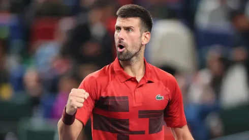 Novak Djokovic of Serbia celebrates after winning over Taylor Fritz in Shanghai 
