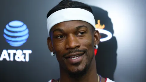 Jimmy Butler #22 of the Miami Heat speaks to the media during media day at Kaseya Center on September 30, 2024 in Miami, Florida. 
