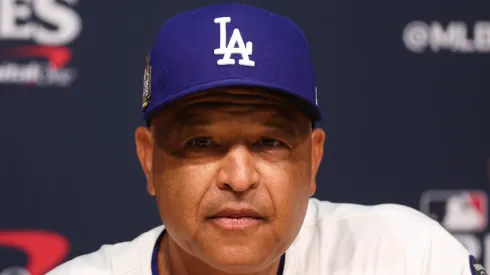 Dave Roberts #30 of the Los Angeles Dodgers speaks to media after winning Game One of the 2024 World Series against the New York Yankees 6-3 at Dodger Stadium on October 25, 2024 in Los Angeles, California.
