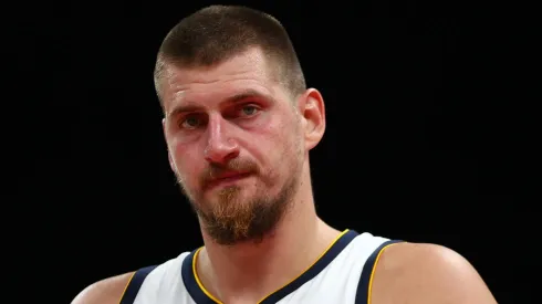 Nikola Jokic of Denver Nuggets looks on during the NBA match between Denver Nuggets and Boston Celtics at Etihad Arena on October 04, 2024 in Abu Dhabi, United Arab Emirates.
