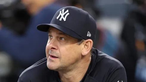 Manager Aaron Boone #17 of the New York Yankees watches during batting practice ahea of Game Four of the 2024 World Series at Yankee Stadium on October 29, 2024 in New York City.
