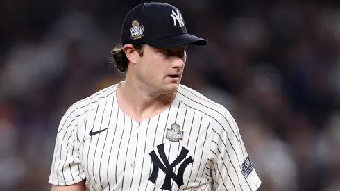 Gerrit Cole #45 of the New York Yankees reacts after Teoscar Hernández #37 of the Los Angeles Dodgers hit a two-RBI double during the fifth inning of Game Five of the 2024 World Series at Yankee Stadium on October 30, 2024 in the Bronx borough of New York City. 
