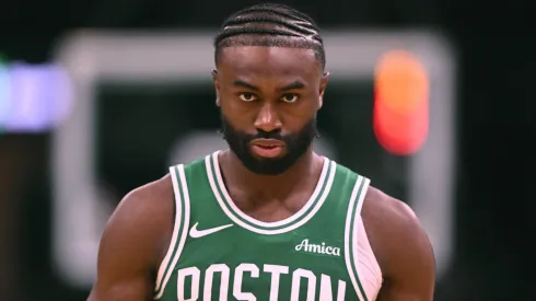 Jaylen Brown #7 of the Boston Celtics looks on against the New York Knicks
