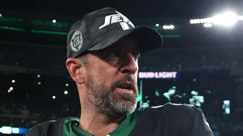 Aaron Rodgers #8 of the New York Jets looks on after the game against the Houston Texans at MetLife Stadium on October 31, 2024 in East Rutherford, New Jersey. 
