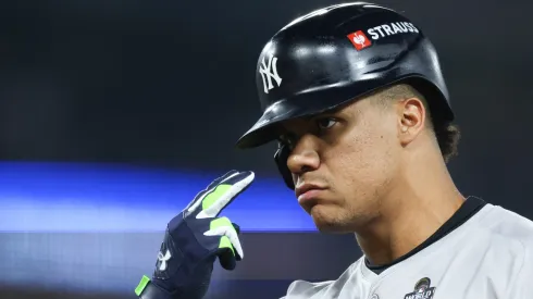 Juan Soto #22 of the New York Yankees reacts to his single against the Los Angeles Dodgers in the ninth inning during Game Two of the 2024 World Series at Dodger Stadium on October 26, 2024 in Los Angeles, California.