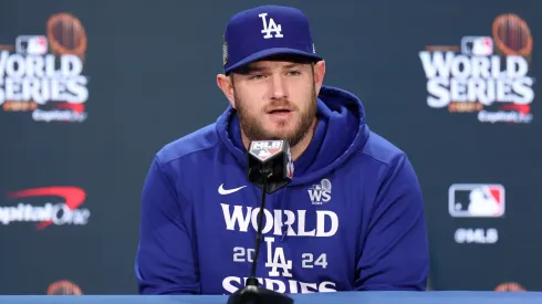 Max Muncy #13 of the Los Angeles Dodgers speaks to the media during a press conference before playing against the New York Yankees during Game Three of the 2024 World Series at Yankee Stadium on October 28, 2024 in New York City. 
