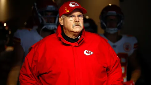 Head Coach Andy Reid of the Kansas City Chiefs enters the field before the game against the Los Angeles Chargers at SoFi Stadium on December 16, 2021.
