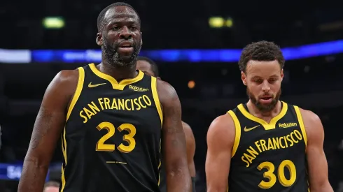  Draymond Green #23 of the Golden State Warriors and Stephen Curry #30 of the Golden State Warriors walk off the court during the first half against the Memphis Grizzlies at FedExForum on January 15, 2024 in Memphis, Tennessee. 
