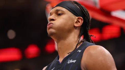 Paolo Banchero #5 of the Orlando Magic reacts against the Chicago Bulls during the second half at the United Center on October 30, 2024 in Chicago, Illinois. 
