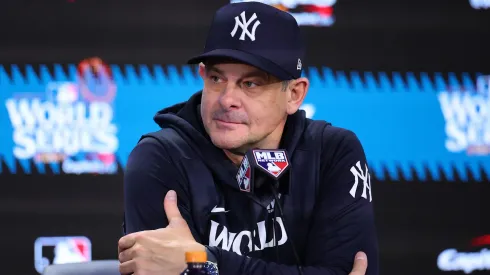 Manager Aaron Boone #17 of the New York Yankees talks to the media after the Los Angeles Dodgers defeated the New York Yankees 7-6 in game 5 to win the 2024 World Series at Yankee Stadium on October 30, 2024 in the Bronx borough of New York City.