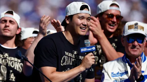 Shohei Ohtani #17 of the Los Angeles Dodgers speaks during the 2024 World Series Celebration Show at Dodger Stadium on November 01, 2024 in Los Angeles, California.
