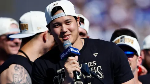 Shohei Ohtani #17 of the Los Angeles Dodgers speaks during the 2024 World Series Celebration Show at Dodger Stadium on November 01, 2024 in Los Angeles, California.