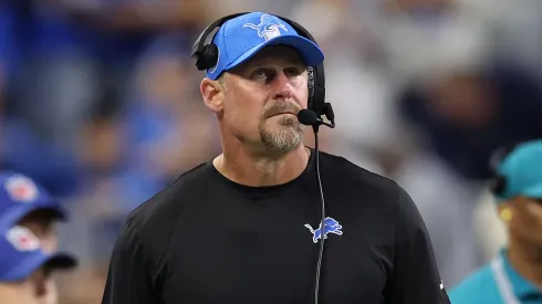 Head coach Dan Campbell looks on during warmups prior to their game against the Los Angeles Rams at Ford Field on September 08, 2024 in Detroit, Michigan. 
