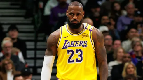 LeBron James #23 of the Los Angeles Lakers walks the court during a break in play in the second half of their NBA game against the Toronto Raptors at Scotiabank Arena on November 1, 2024 in Toronto, Canada.
