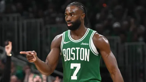 Jaylen Brown #7 of the Boston Celtics reacts during the fourth quarter against the New York Knicks at TD Garden on October 22, 2024 in Boston, Massachusetts. 
