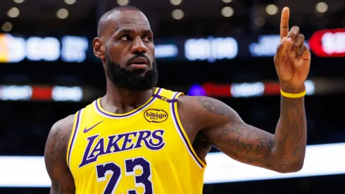 LeBron James #23 of the Los Angeles Lakers walks the court during the first half of their NBA game against the Toronto Raptors
