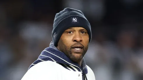 CC Sabathia throws out the ceremonial first pitch ahead of Game One of the American League Championship Series between the Cleveland Guardians and the New York Yankeesat Yankee Stadium on October 14, 2024 in New York City.
