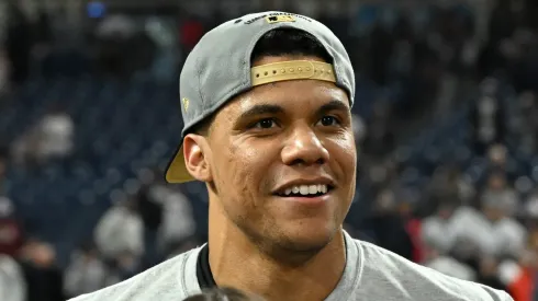 Juan Soto #22 of the New York Yankees speaks to the media after beating the Cleveland Guardians 5-2 in 10 innings to win Game Five of the American League Championship Series at Progressive Field on October 19, 2024 in Cleveland, Ohio. 
