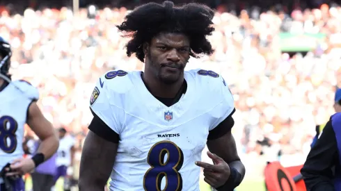 Lamar Jackson #8 of the Baltimore Ravens reacts after his team's 29-24 loss against the Cleveland Browns at Huntington Bank Field on October 27, 2024 in Cleveland, Ohio.