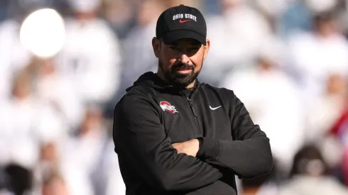 Head coach Ryan Day of the Ohio State Buckeyes looks on prior to a game against the Penn State Nittany Lions at Beaver Stadium on November 02, 2024 in State College, Pennsylvania.
