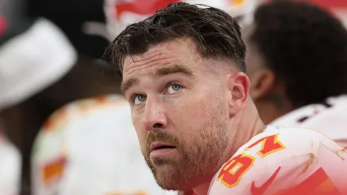 Travis Kelce #87 of the Kansas City Chiefs sits on the bench during the NFL game at Allegiant Stadium on October 27, 2024 in Las Vegas, Nevada. The Chiefs defeated the Raiders 27-20.
