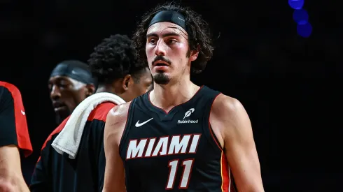 Jaime Jaquez Jr. #11 of the Miami Heat high fives with teammate during the second half of the game against the Washington Wizards at Arena Ciudad de Mexico
