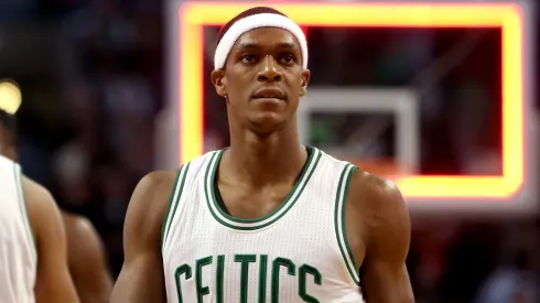 Rajon Rondo #9 of the Boston Celtics looks on after failing to take a shot as time expired against the Cleveland Cavaliers